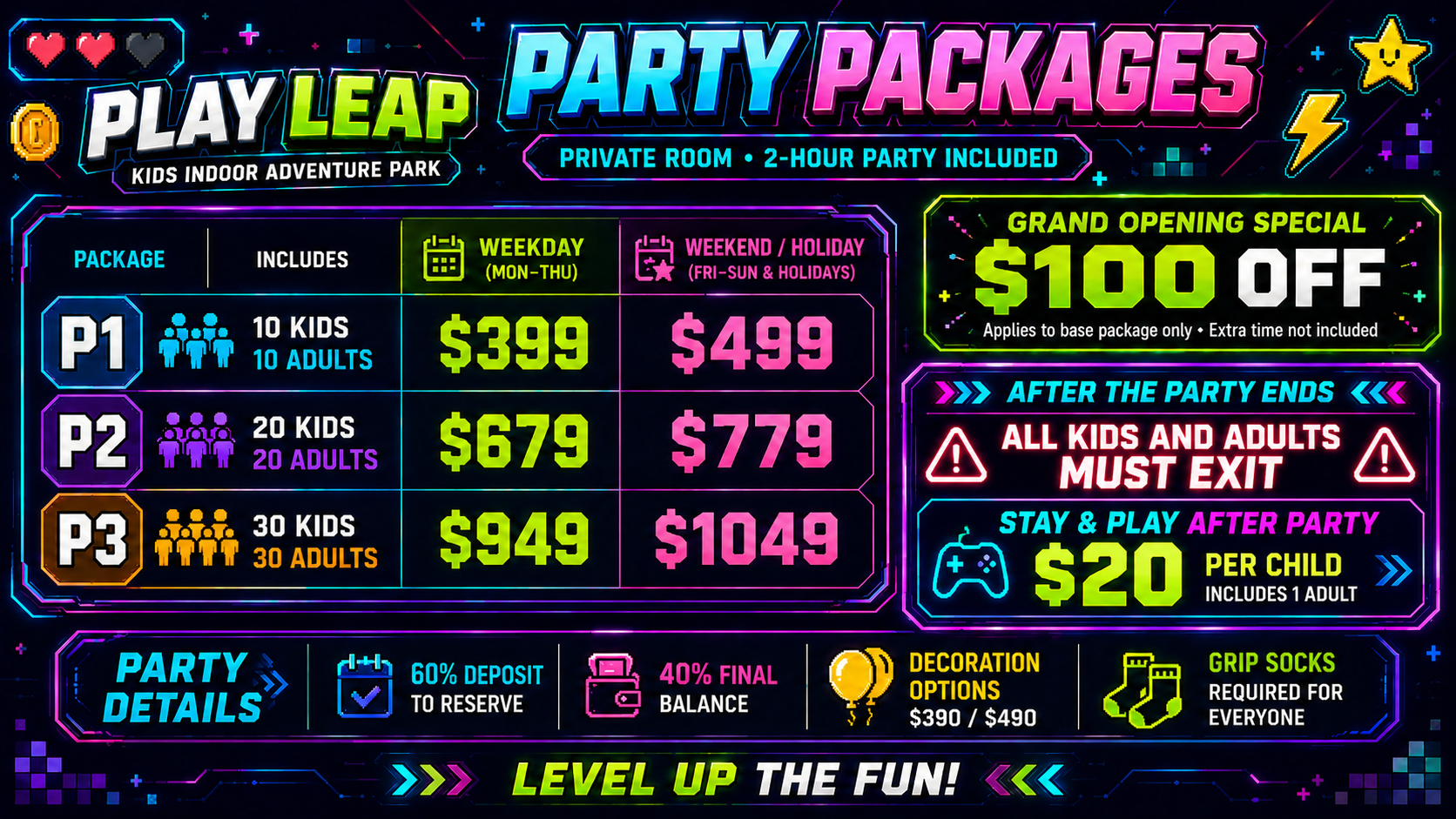 Play Leap party packages pricing, private party rooms, and package details