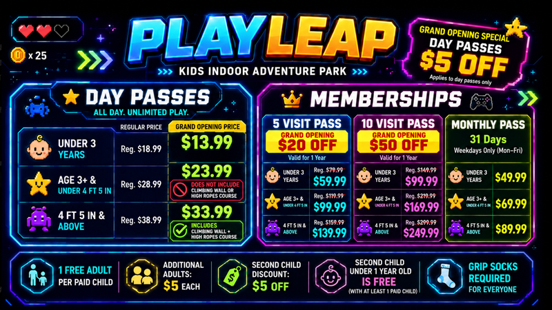 Play Leap day passes, memberships, and grand opening pricing